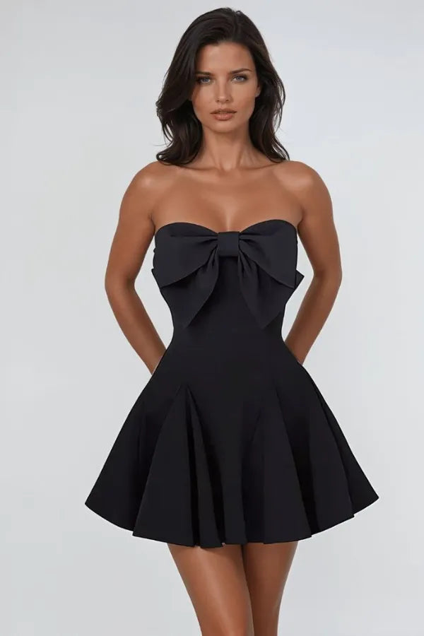 Black Strapless Big Bow Lace-Up Back A-Line Homecoming Mini Dress