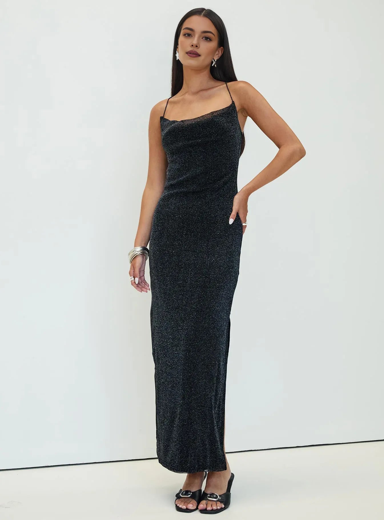 Black Glittery Cowl Neck Backless Maxi Dress with Side Slit Prom Dresses