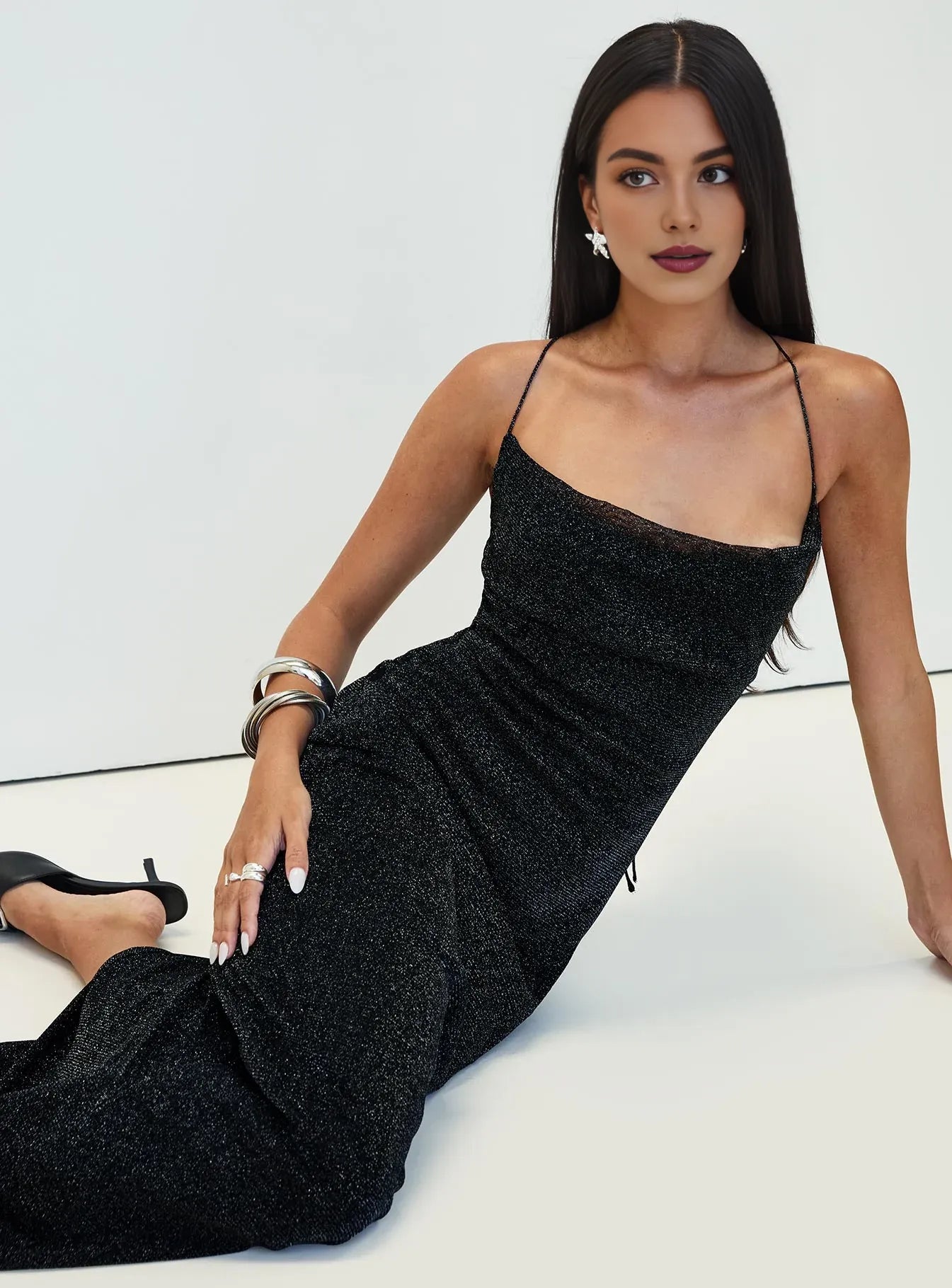 Black Glittery Cowl Neck Backless Maxi Dress with Side Slit Prom Dresses