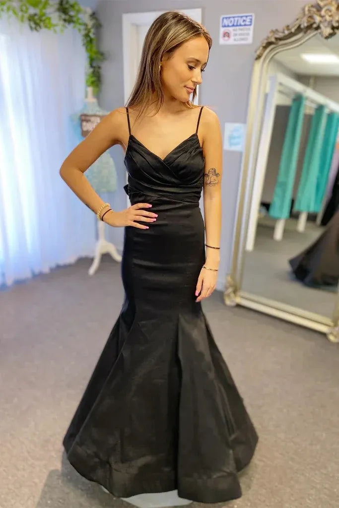 Black Spaghetti Strap V Neck Big Bow Back Satin Mermaid Prom Dress