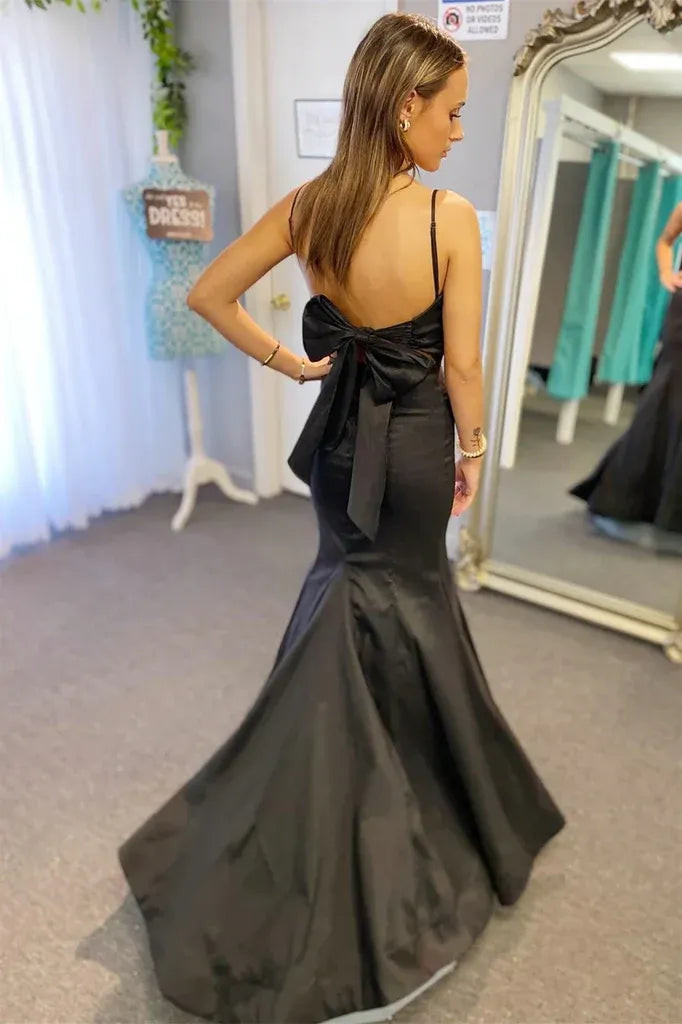 Black Spaghetti Strap V Neck Big Bow Back Satin Mermaid Prom Dress