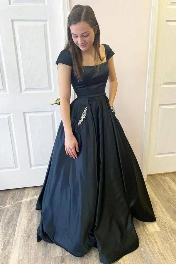 Square Neck Cap Sleeve Lace Up Back Pocket A-Line Satin Prom Ball Gown