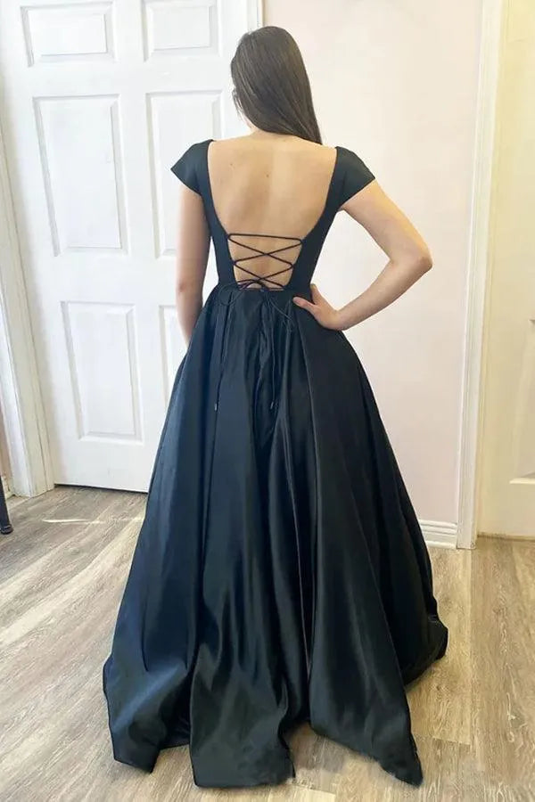 Square Neck Cap Sleeve Lace Up Back Pocket A-Line Satin Prom Ball Gown