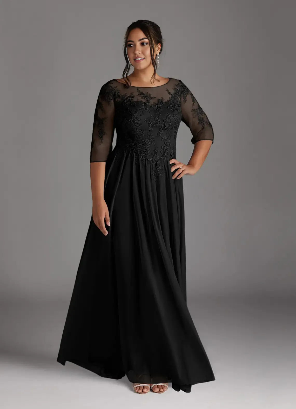 Robe Weitese élégante noire en dentelle, coupe trapèze, longueur au sol, manches courtes, dos illusion, grande taille, pour mère de la mariée 