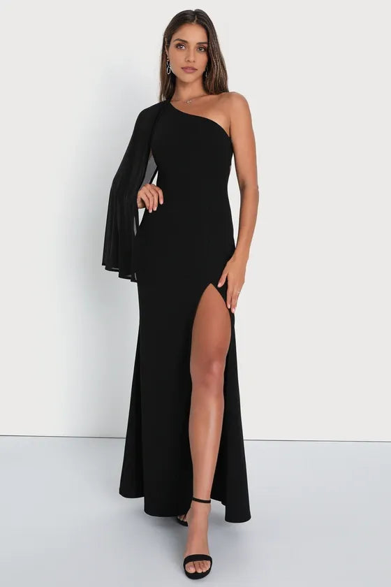 Weitese Formal Women's Dresses Majestic Black Cape Sleeve One-shoulder Maxi Dress Prom Dress Shops