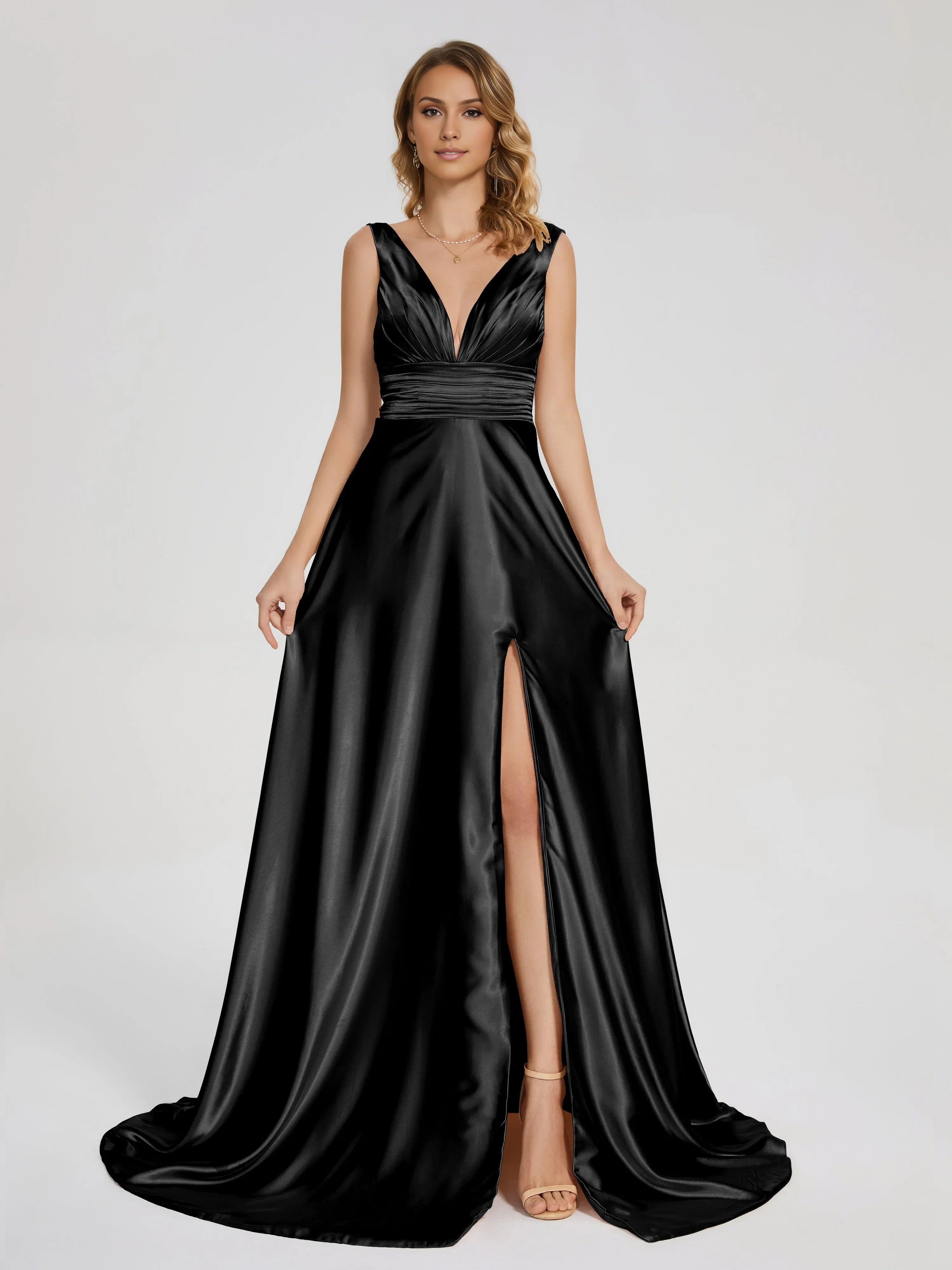 Charming A-line V-neck Sleeveless V-back Sweep/Brush Train Prom Dress