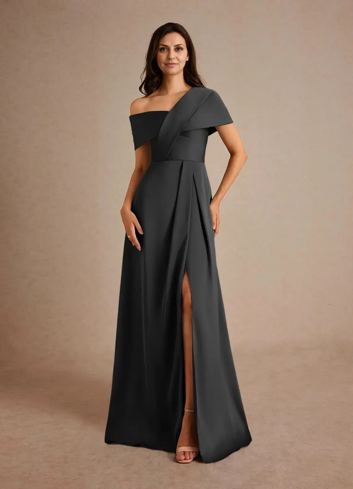 Weitese Dress Champagne A-Line Pleated Satin Maxi Dress Elegant Off the Shoulder Slit Mother of the Bride Dress