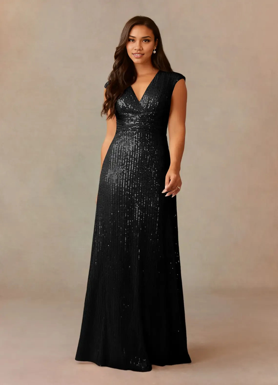 Weitese Dress Champagne A-Line V-Neck Ruched Sequins Mother Of The Bride Dresses Cap Sleeves Back Zip Ruffle Evening Dress