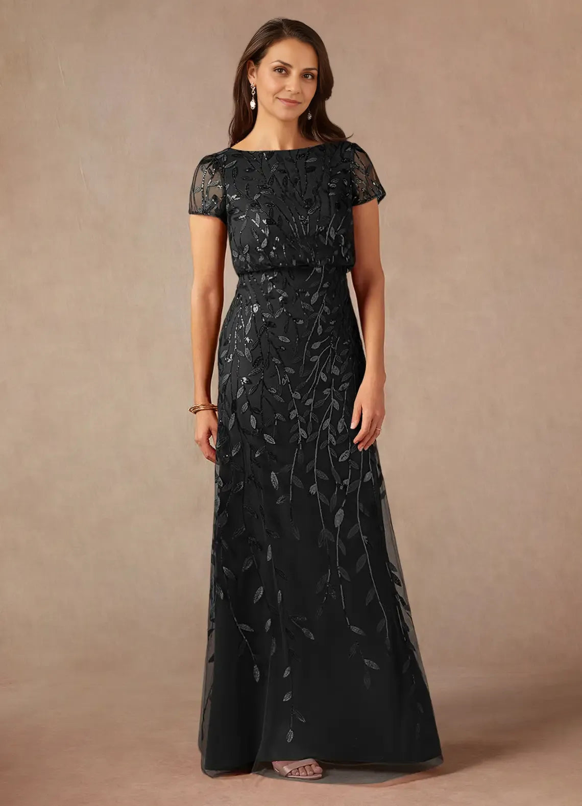 Weitese Dress Dark Navy A-Line Sequins Maxi Dress Elegant Boat Neck Short Sleeves Back Zip Mother of the Bride Dress
