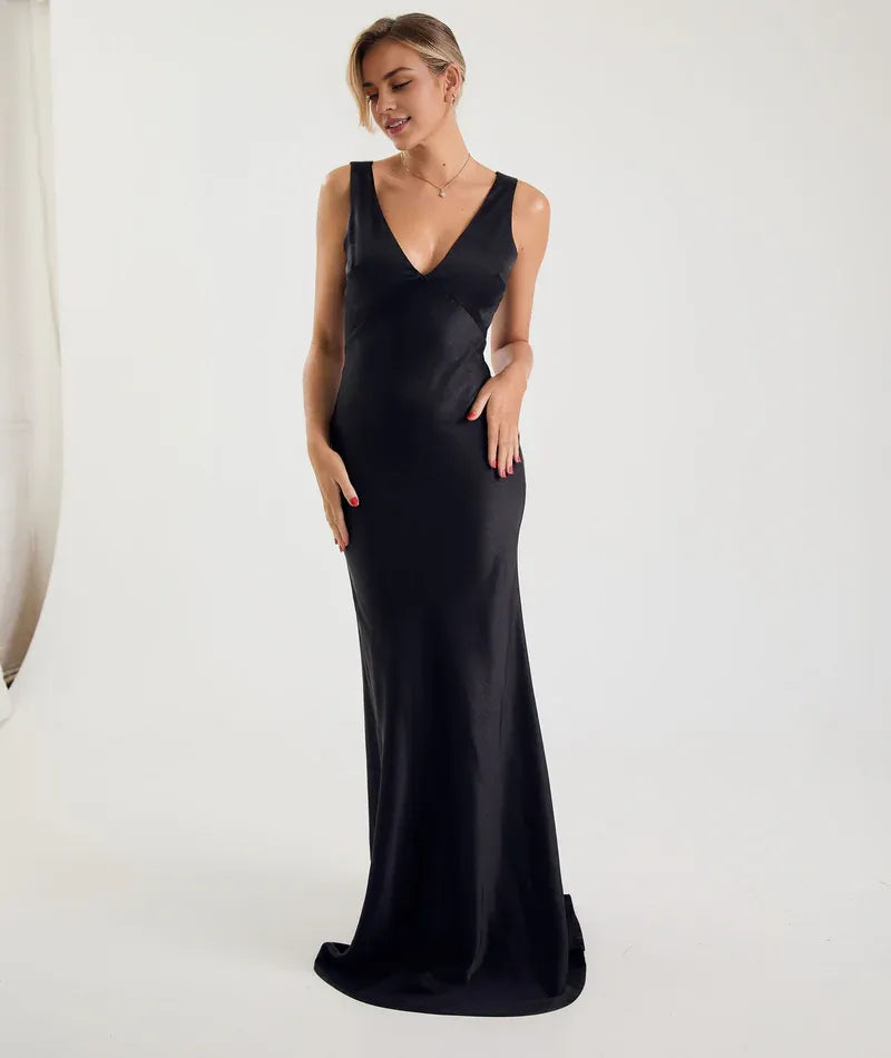 Weitese Dress Fashion Twist Back Satin Bridesmaid Dress Maxi Dress Solid Color Champagne Deep V Neck Column Prom Dress