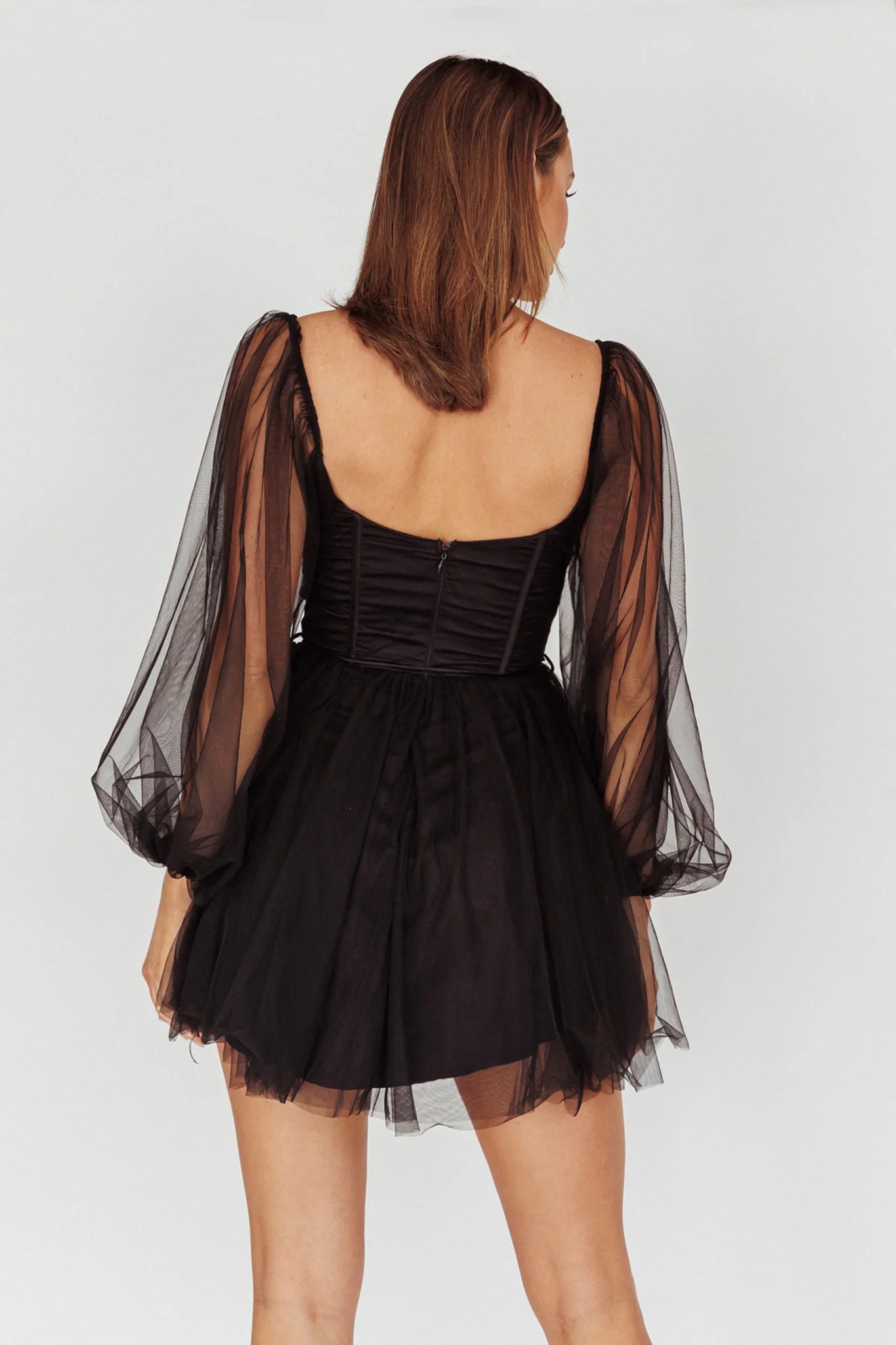 Weitese Dress Pale Pink Tulle Mini Dress With Sweetheart Neck Sheer Puff Sleeves And Waist Tie Up Detail Prom Dress