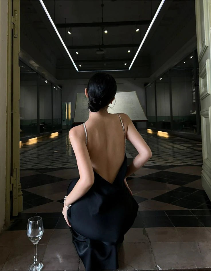 Robe de soirée longue en satin noir, dos nu, sexy, robe de bal, robes de soirée 