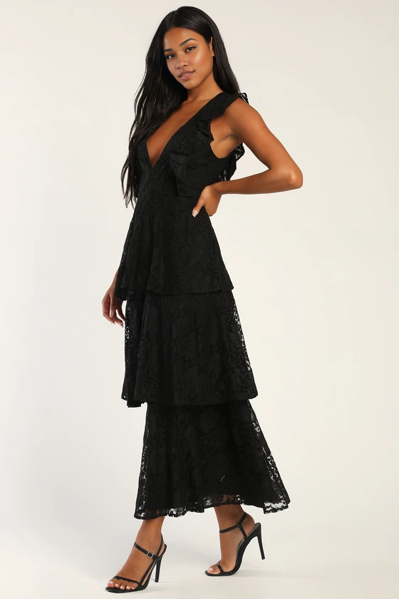 Weitese Formal Women's Dresses Deep V Neck Black Lace Ruffled Tiered Sleeveless Maxi Dress Prom Dress Stores