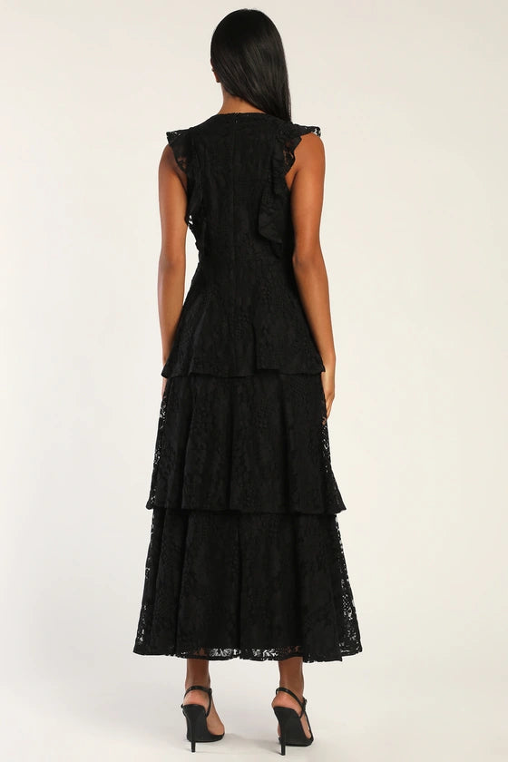 Weitese Formal Women's Dresses Deep V Neck Black Lace Ruffled Tiered Sleeveless Maxi Dress Prom Dress Stores