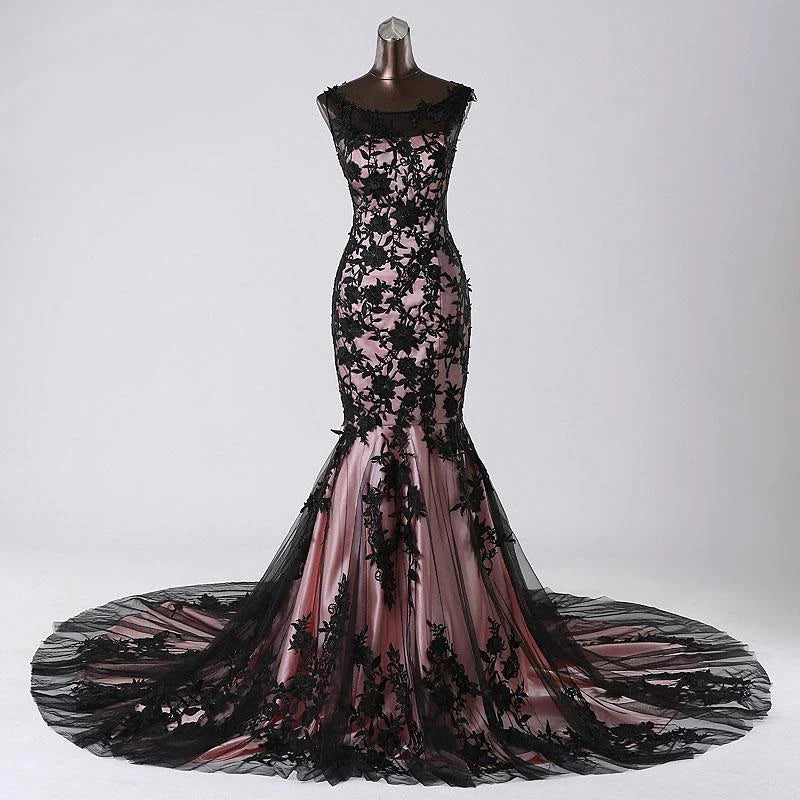 Robe de soirée sirène noire en dentelle et tulle, sans manches, col rond, avec appliques, avec traîne