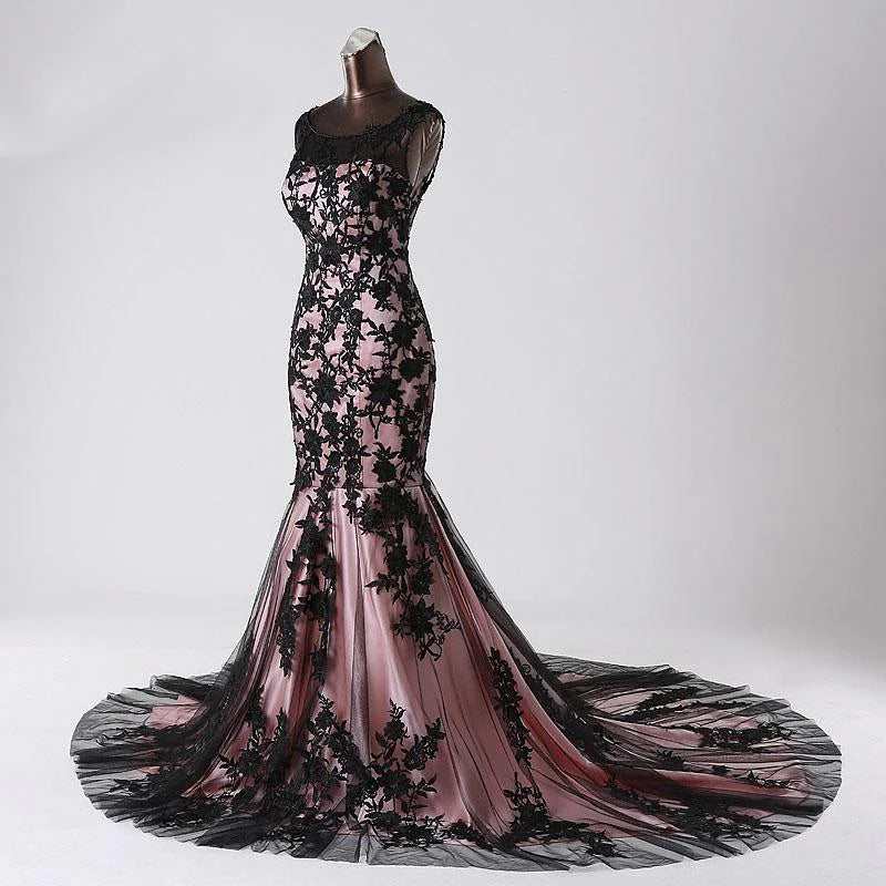 Robe de soirée sirène noire en dentelle et tulle, sans manches, col rond, avec appliques, avec traîne