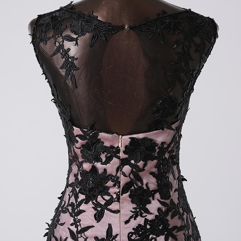 Robe de soirée sirène noire en dentelle et tulle, sans manches, col rond, avec appliques, avec traîne