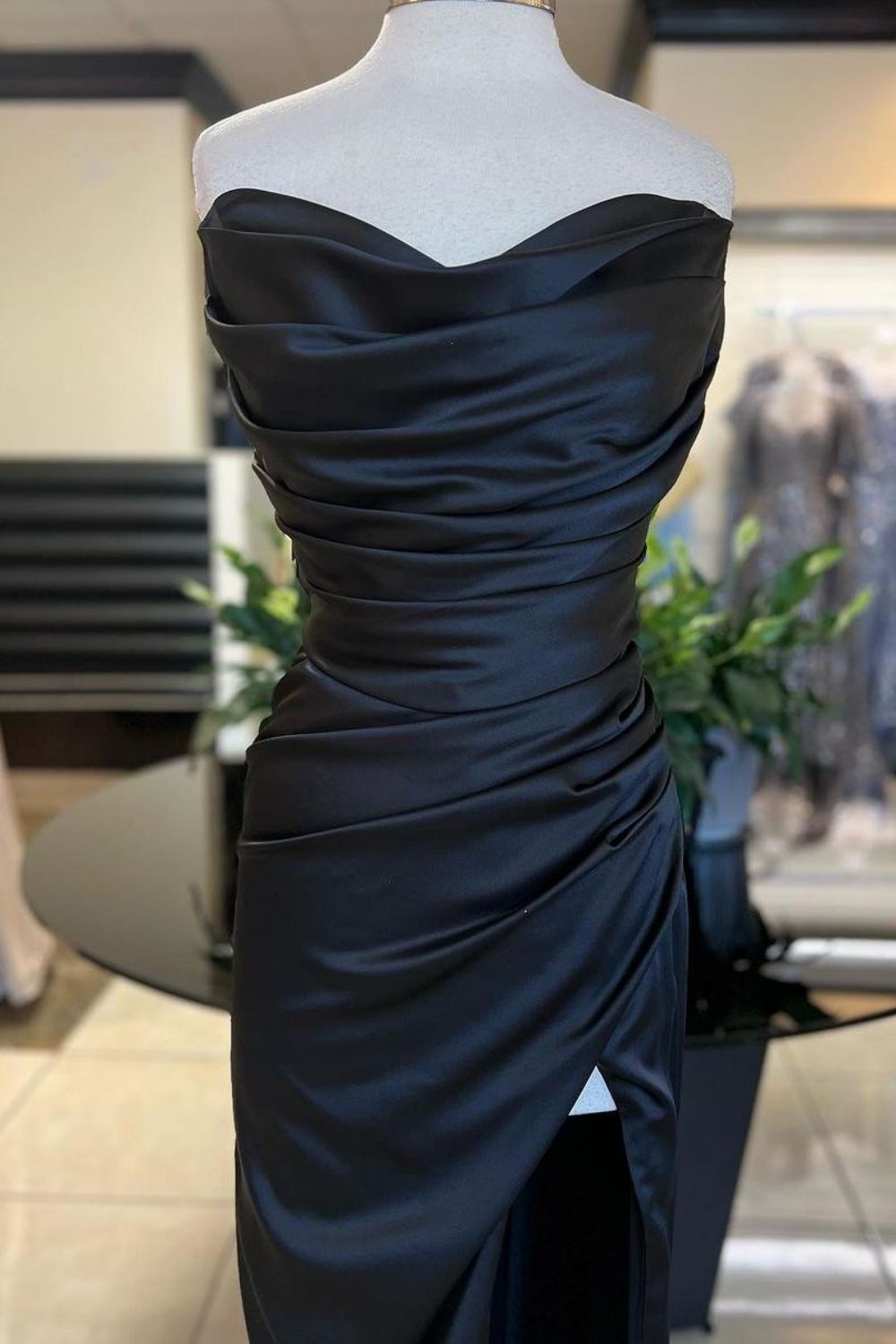 Weitese Mermaid Strapless Long Satin Pleated Prom Dress with Slit