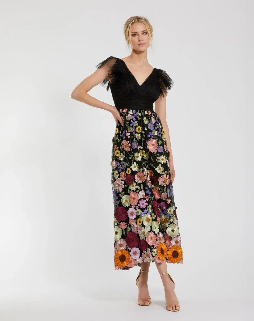 Robe Weitese noire multicolore brodée à manches flottantes, robe longue à fleurs, robe de soirée trapèze à volants et plissée, robe de bal 