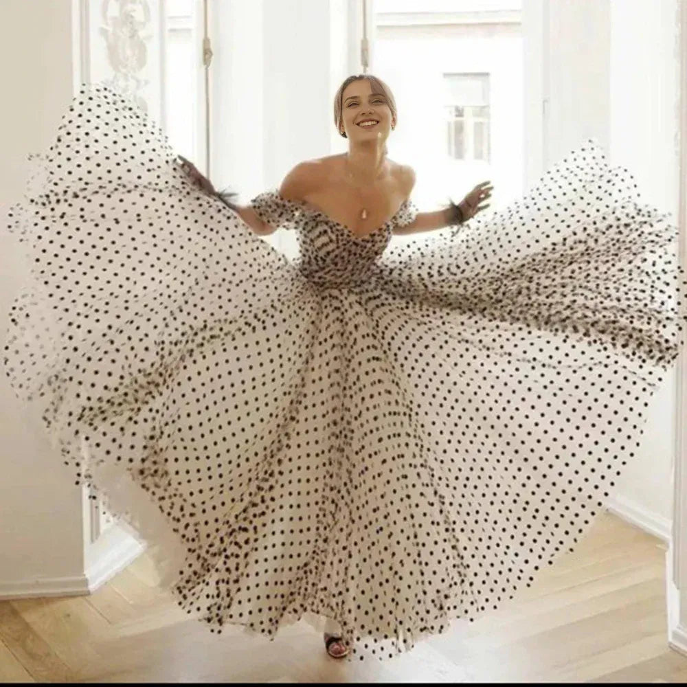 Weitese Formal Wear Dresses Off-the-Shoulder Black Polka Dot Tulle Gown Wedding Dress Prom Dress Shops