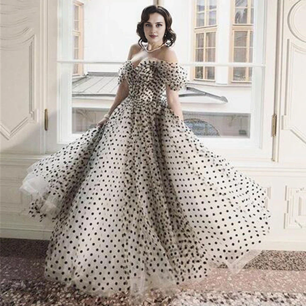 Weitese Formal Wear Dresses Off-the-Shoulder Black Polka Dot Tulle Gown Wedding Dress Prom Dress Shops