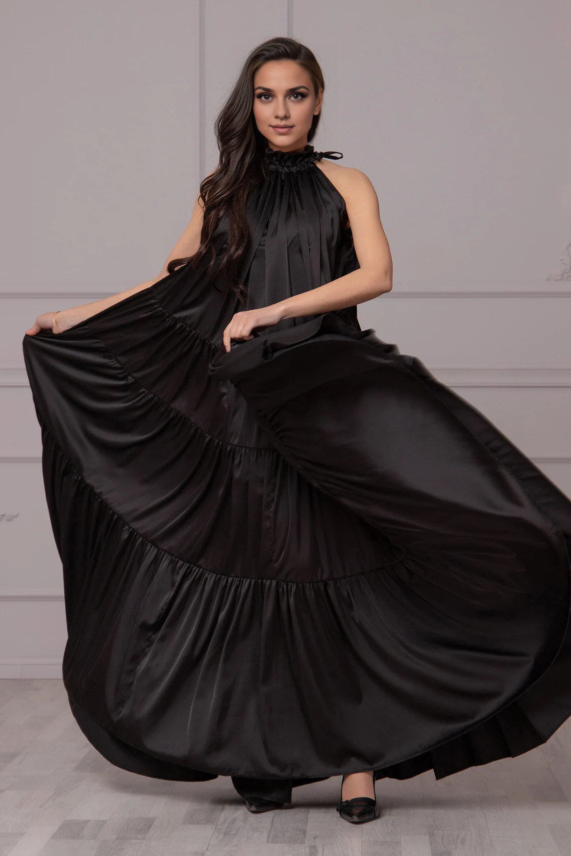 Robe Abaya en satin noir, robe fluide à volants, robe de cocktail élégante, robe de soirée grande taille, robe longue à volants, robe de bal 