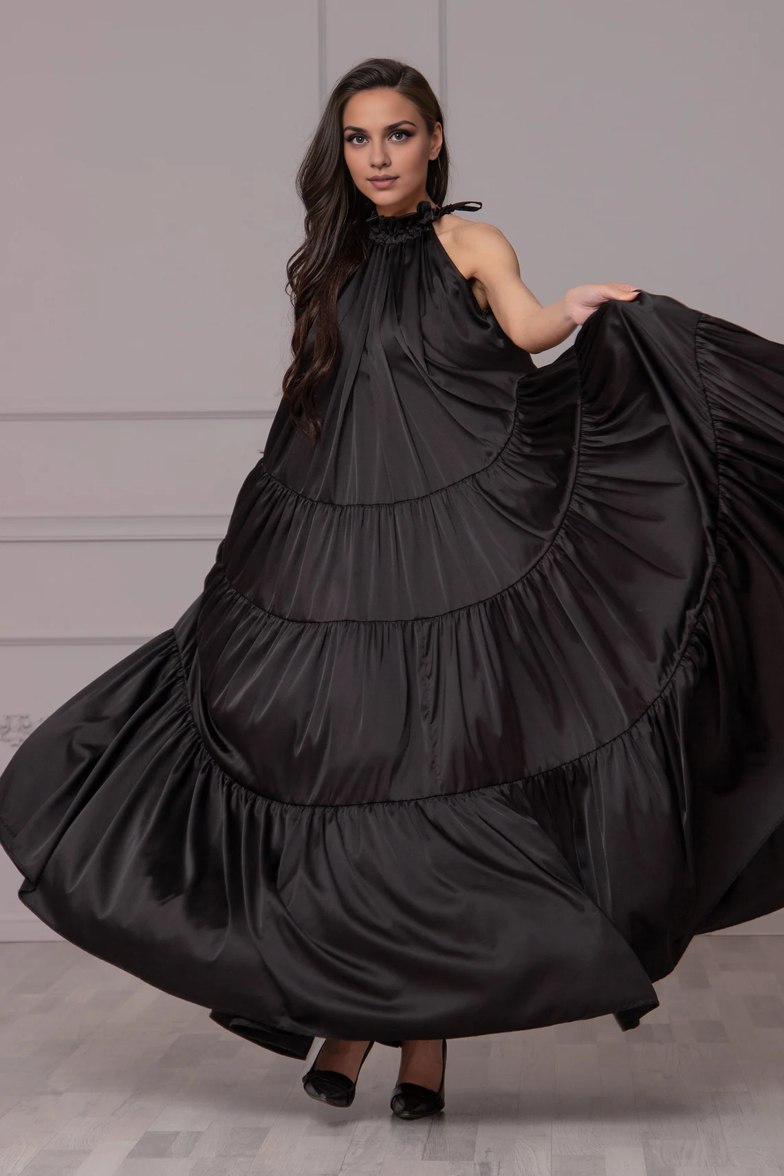 Robe Abaya en satin noir, robe fluide à volants, robe de cocktail élégante, robe de soirée grande taille, robe longue à volants, robe de bal 