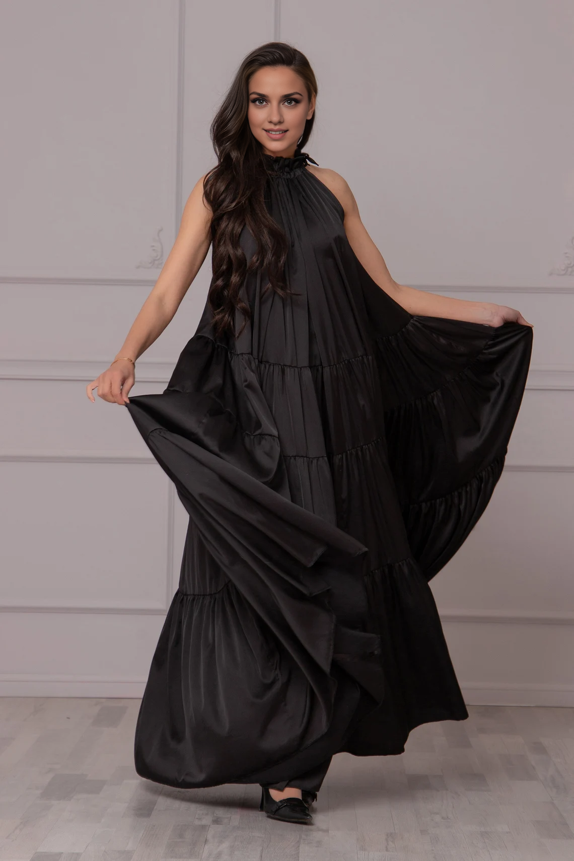 Robe Abaya en satin noir, robe fluide à volants, robe de cocktail élégante, robe de soirée grande taille, robe longue à volants, robe de bal 
