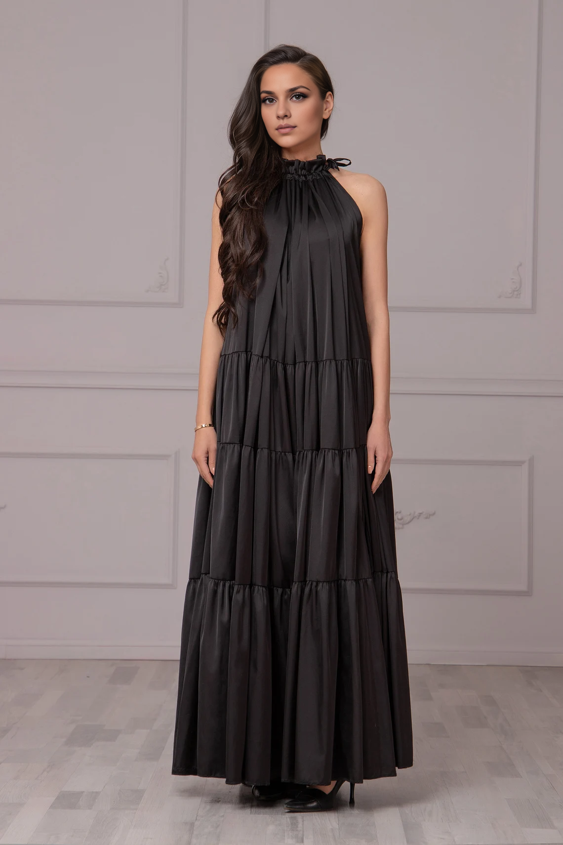 Robe Abaya en satin noir, robe fluide à volants, robe de cocktail élégante, robe de soirée grande taille, robe longue à volants, robe de bal 