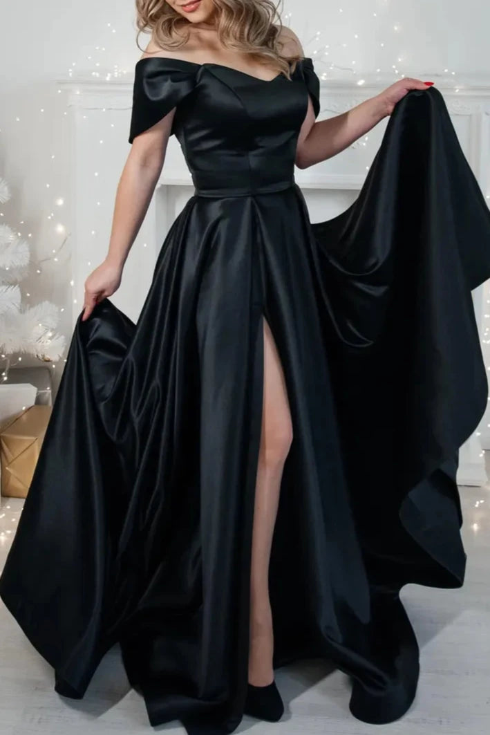 Robe de soirée en satin noir à épaules dénudées, robe de princesse à lacets, corset, robe de demoiselle d'honneur, longue au sol, robe d'invitée de mariage noire 
