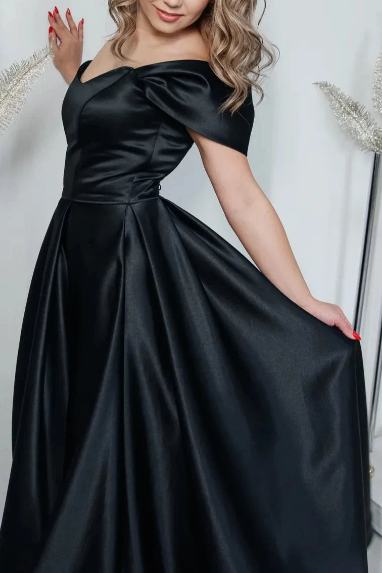 Robe de soirée en satin noir à épaules dénudées, robe de princesse à lacets, corset, robe de demoiselle d'honneur, longue au sol, robe d'invitée de mariage noire 