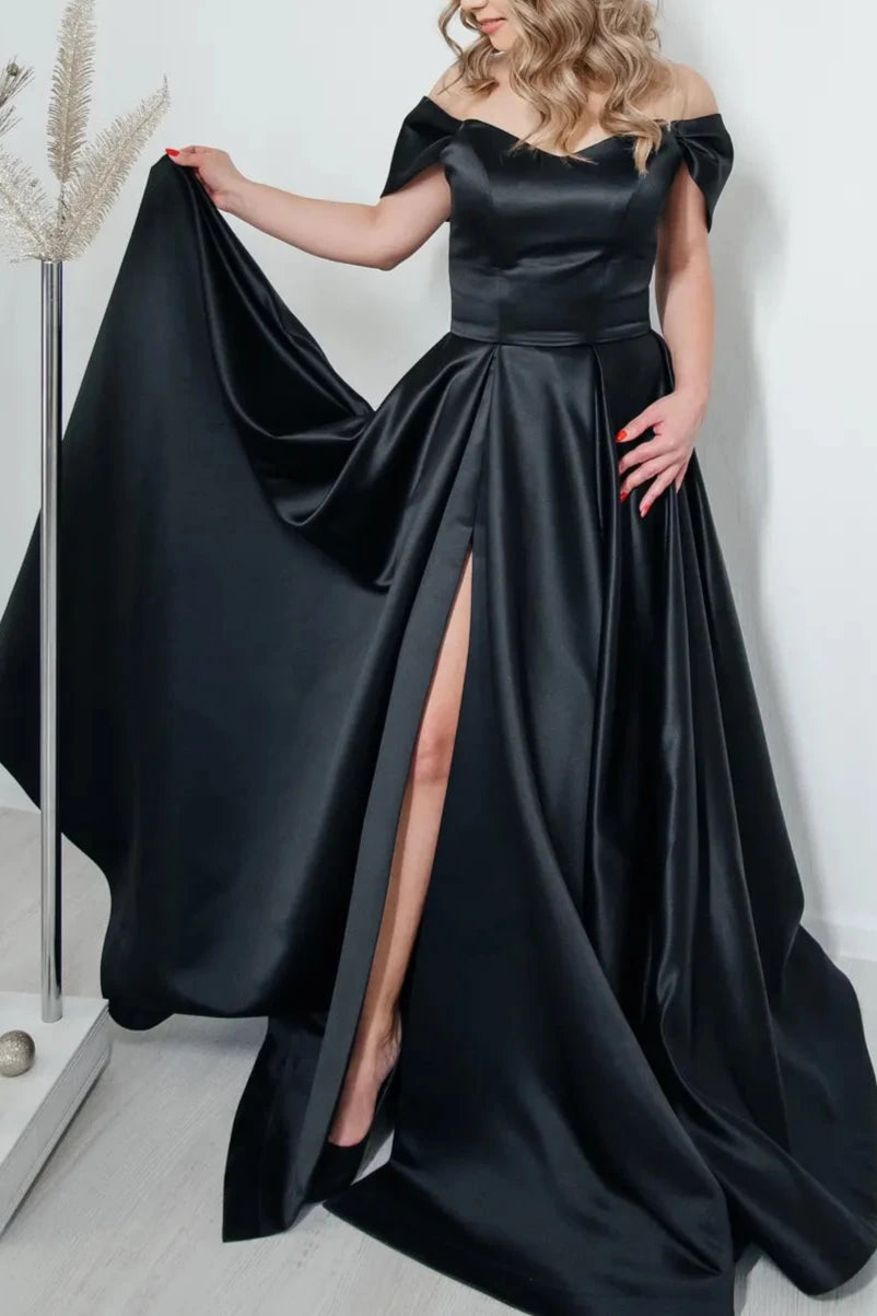 Robe de soirée en satin noir à épaules dénudées, robe de princesse à lacets, corset, robe de demoiselle d'honneur, longue au sol, robe d'invitée de mariage noire 