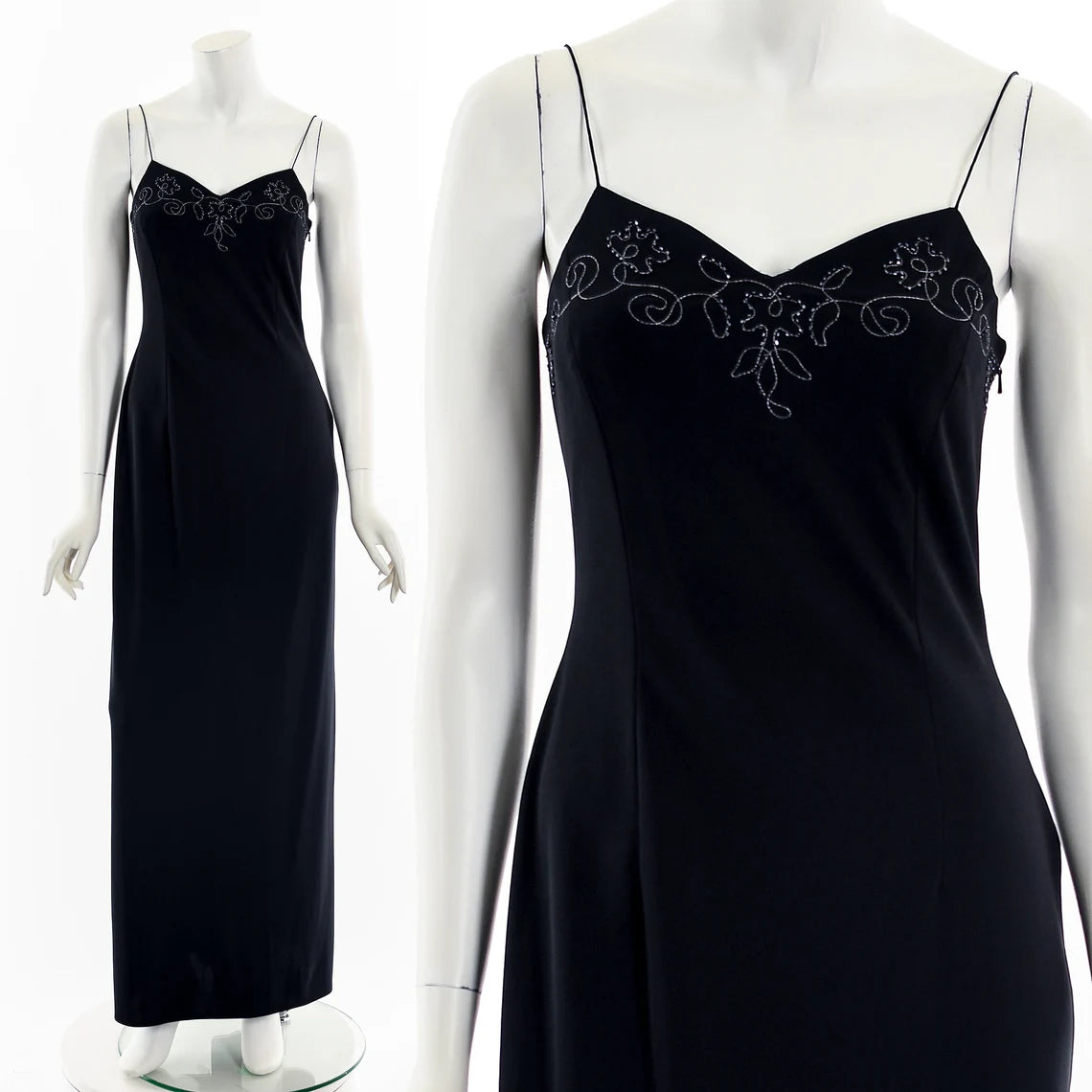 Black V Neck Beaded Sleeveless Spaghetti Straps Floor Length Prom Party Dress
