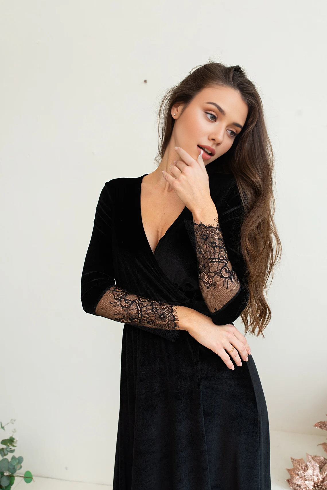 Black Velvet Dress V Neck Wrap Dress A-line Long Lace Sleeves Floor Length Prom Party Dress