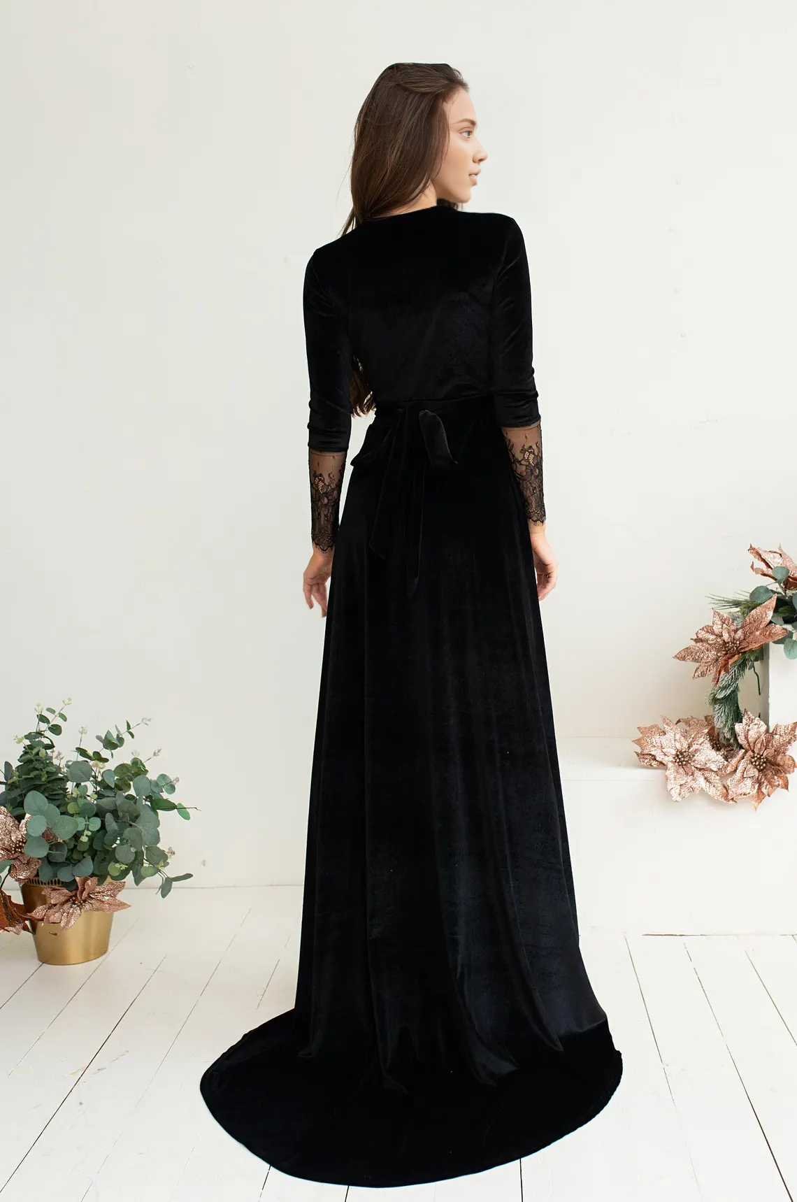 Black Velvet Dress V Neck Wrap Dress A-line Long Lace Sleeves Floor Length Prom Party Dress