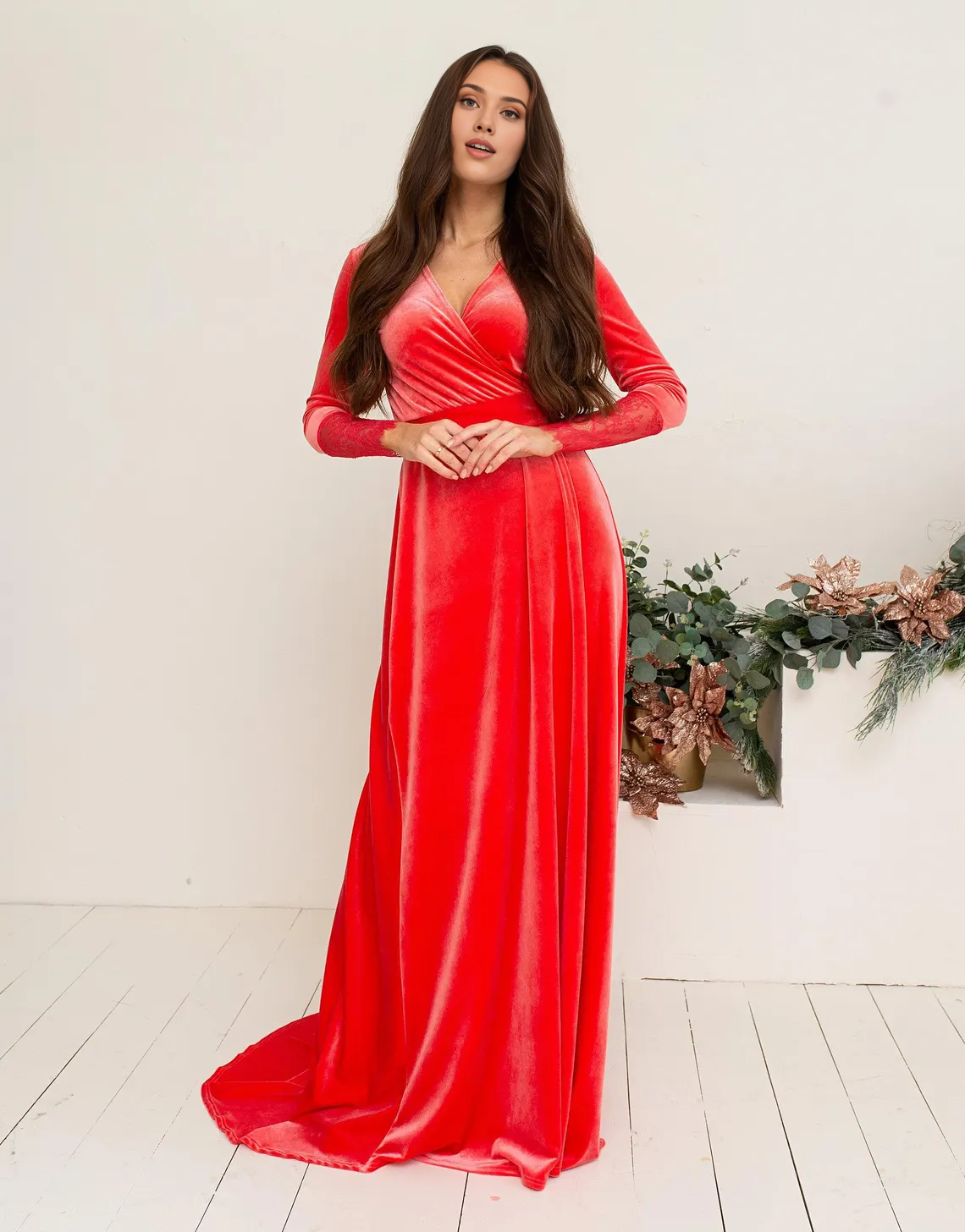 Black Velvet Dress V Neck Wrap Dress A-line Long Lace Sleeves Floor Length Prom Party Dress