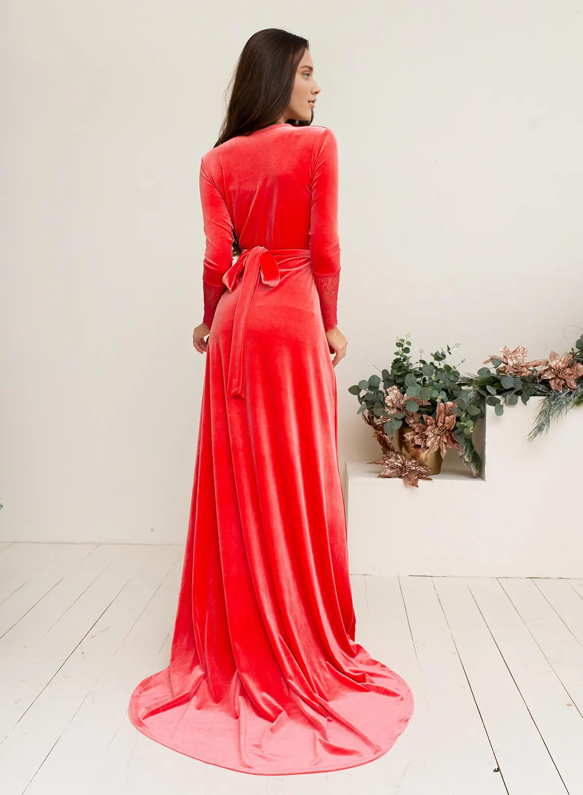 Black Velvet Dress V Neck Wrap Dress A-line Long Lace Sleeves Floor Length Prom Party Dress