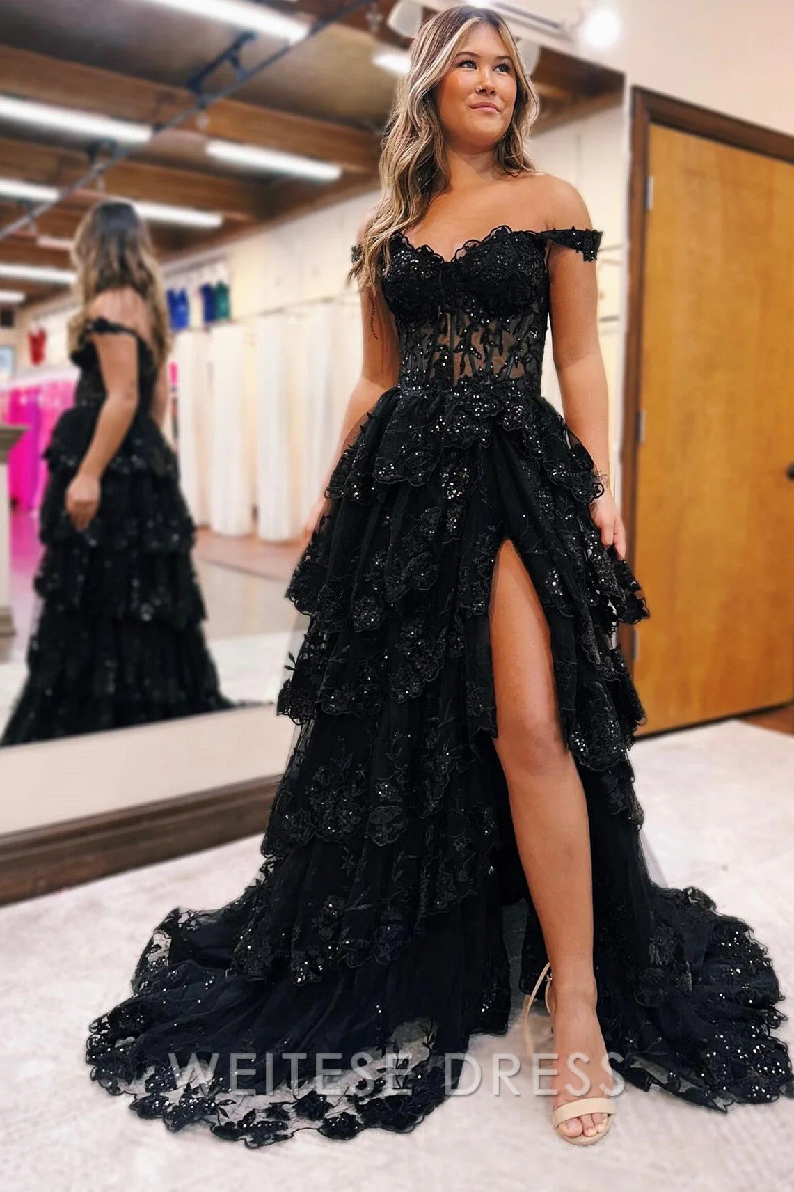 Weitese Dress Beautiful Tulle Appliques Off-the-Shoulder Ruffle Long Prom Dress Sweetheart Tiered Skirt Corset Lace Formal Dresses