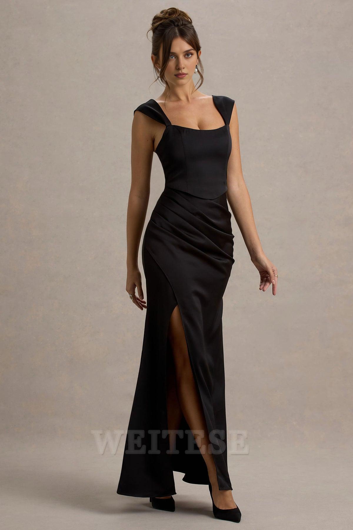 Robe Weitese Champagne Satin Corset Wrap Maxi Dress Robe de demoiselle d'honneur Longueur au sol Sweetheart Col carré Robe de bal 