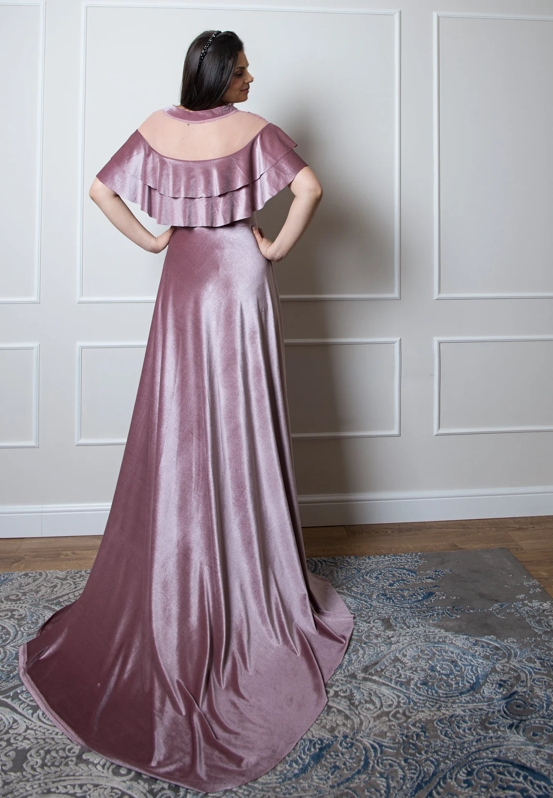 Vestido de encaje y terciopelo con corte en A, cola dulce y hombros descubiertos con volantes, vestido único para madre de la novia, vestido de fiesta de graduación y noche. 