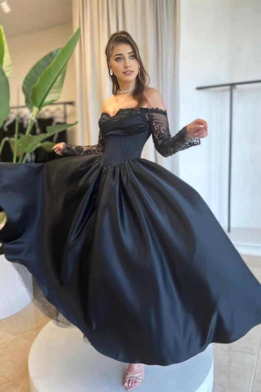Black Off Shoulder Satin Evening Prom Dresses with Lace Sleeves