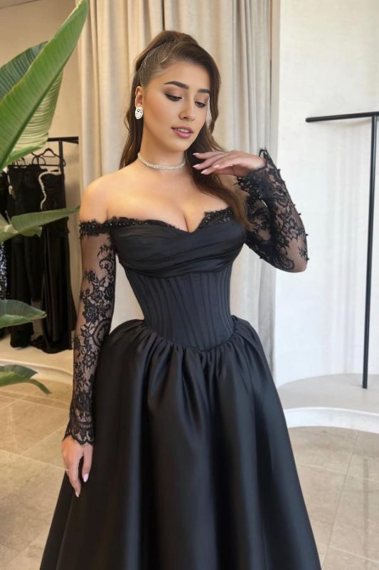 Black Off Shoulder Satin Evening Prom Dresses with Lace Sleeves