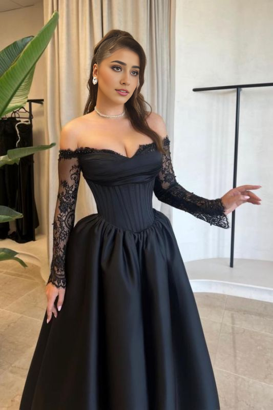 Black Off Shoulder Satin Evening Prom Dresses with Lace Sleeves