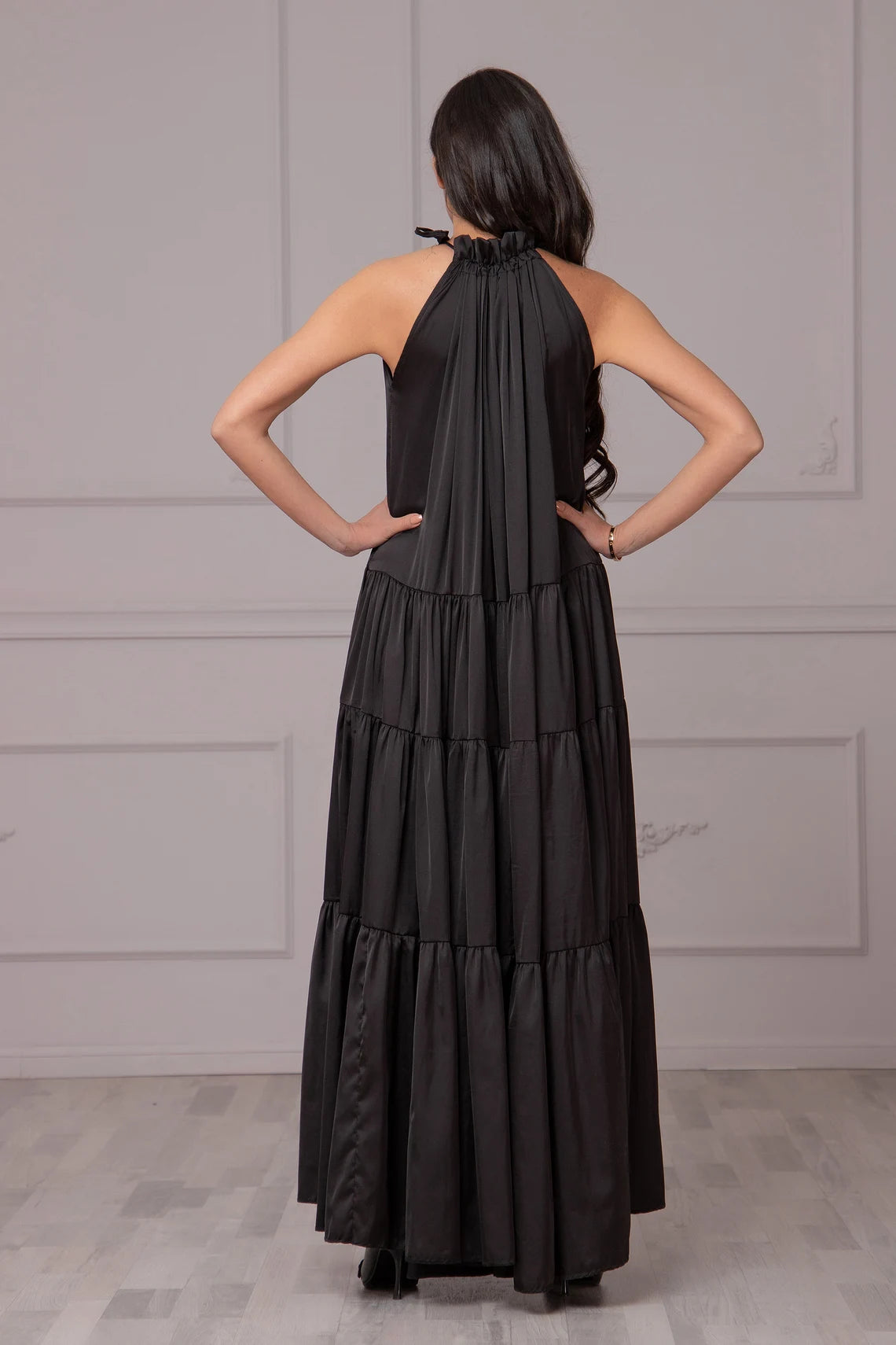 Robe Abaya en satin noir, robe fluide à volants, robe de cocktail élégante, robe de soirée grande taille, robe longue à volants, robe de bal 