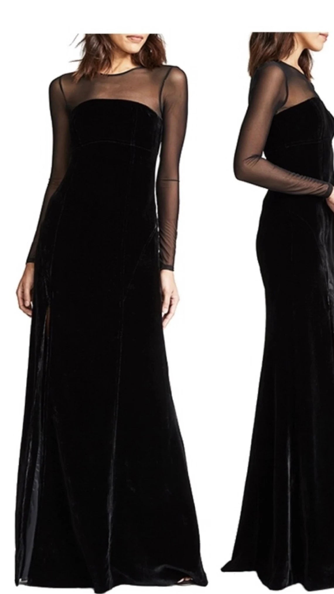 Black Velvet Dress Floor Length Neck Long Sleeves Round Neck Bridesmaid Dress Prom Gown With Slit