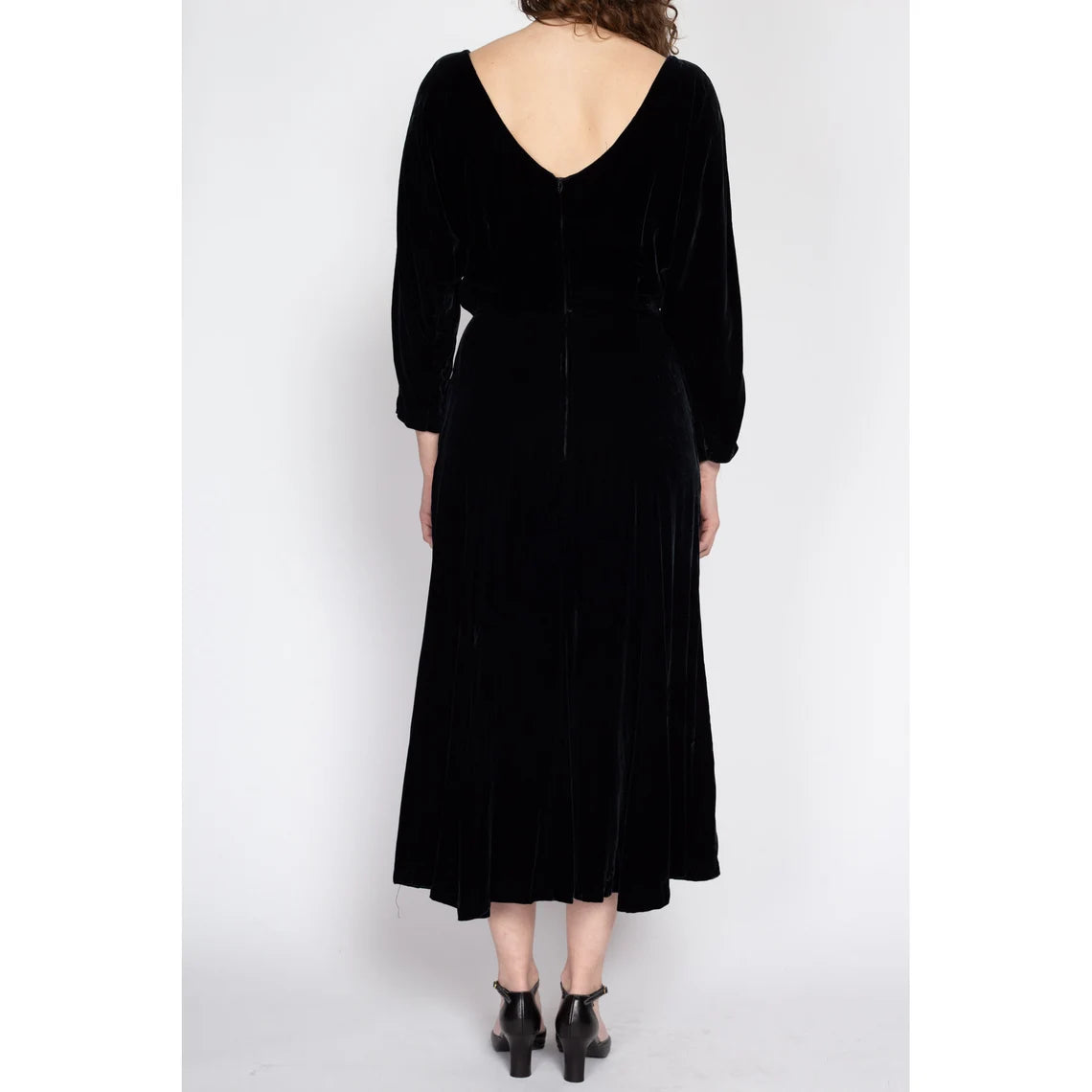 Black Velvet Dress Vintage Batwing Sleeve Midi Dress Tea-Length Evening Dress