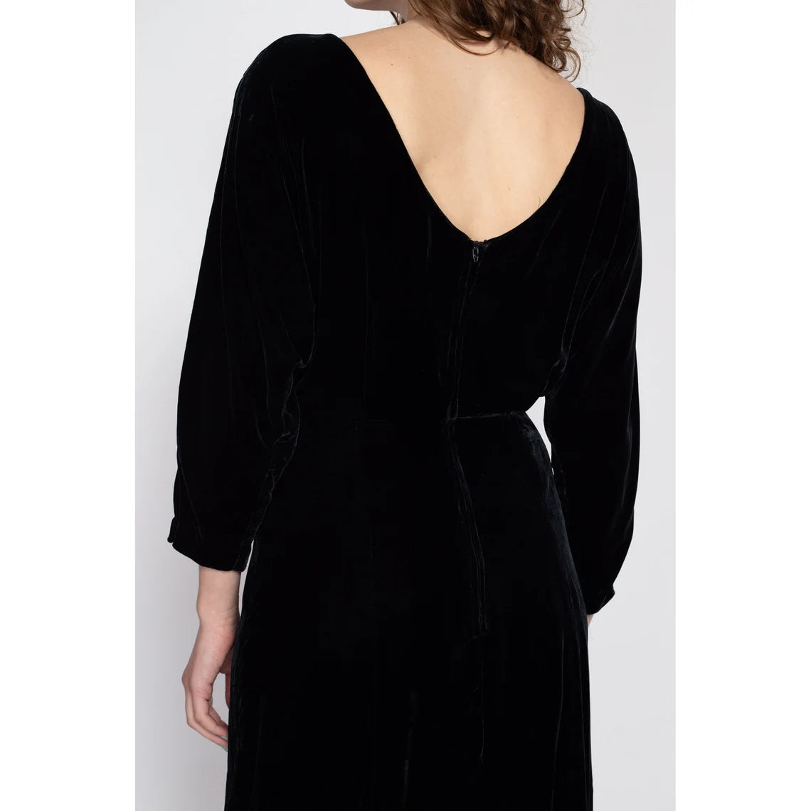 Black Velvet Dress Vintage Batwing Sleeve Midi Dress Tea-Length Evening Dress