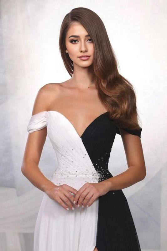 Black White Off-the-Shoulder Chiffon Floor Length Evening Prom Dresses Front Slit