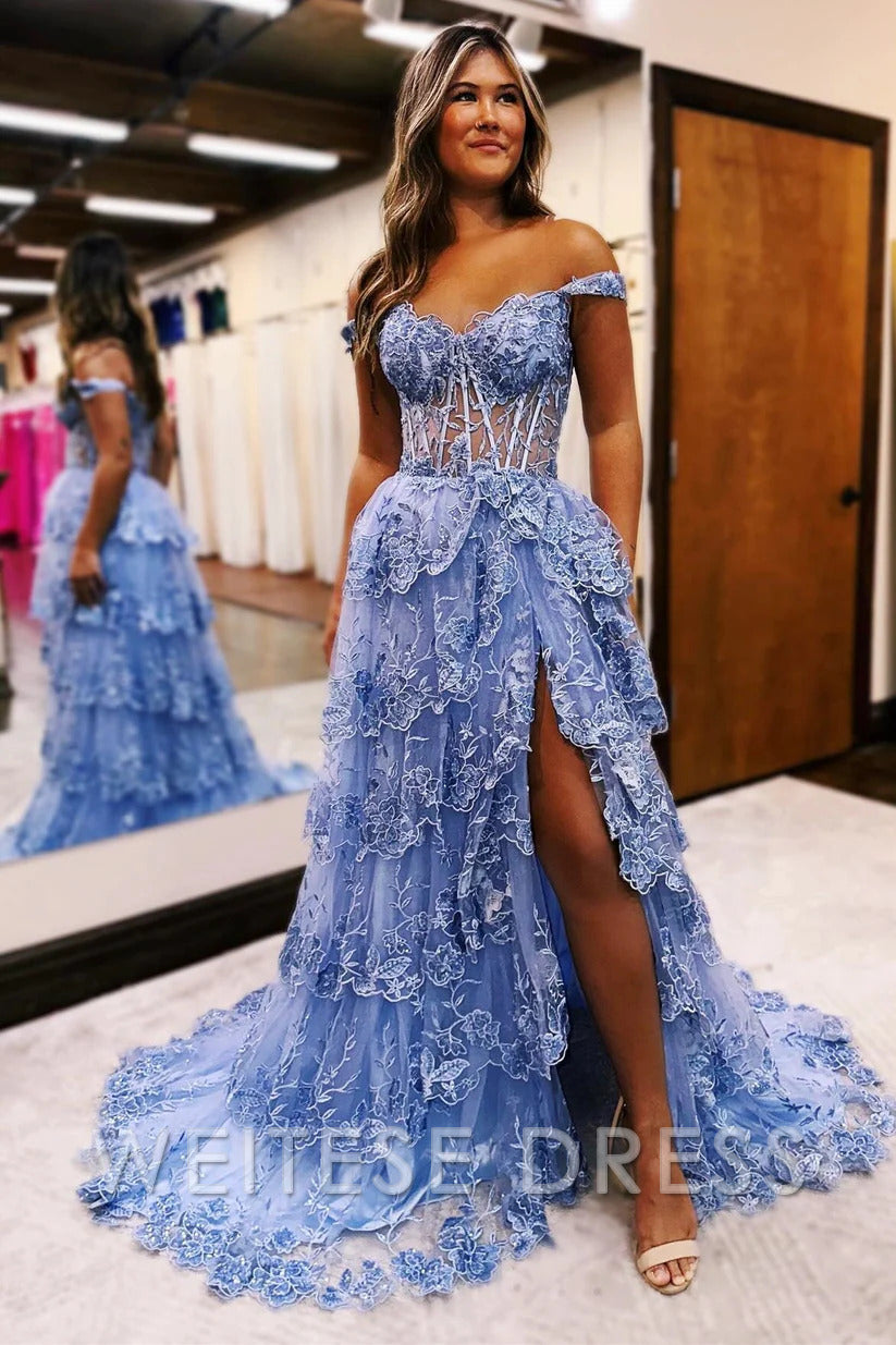 Weitese Dress Beautiful Tulle Appliques Off-the-Shoulder Ruffle Long Prom Dress Sweetheart Tiered Skirt Corset Lace Formal Dresses