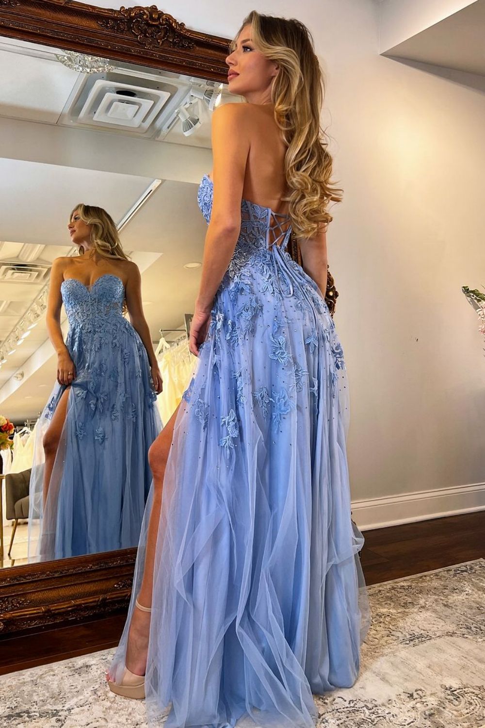Weitese A Line Blue Sweetheart Lace Up Long Tulle Prom Dress with Appliques